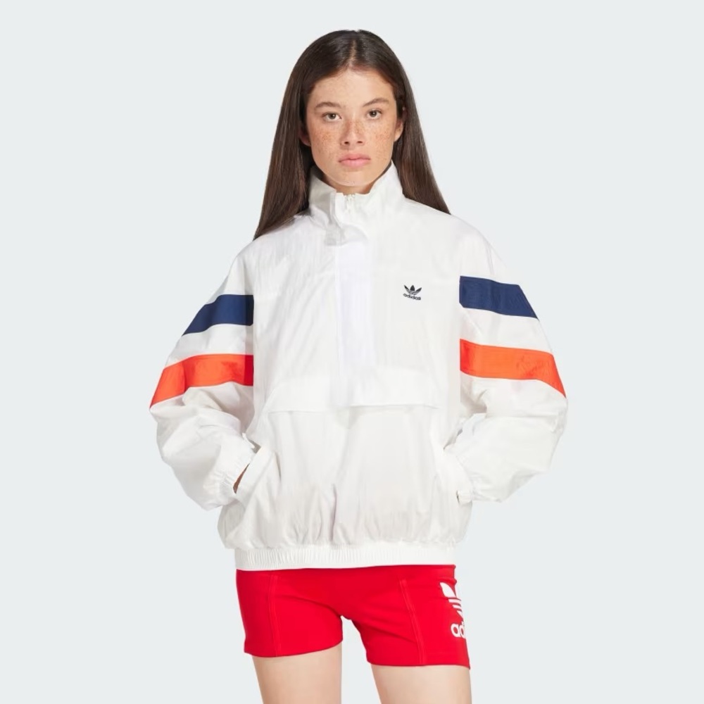 adidas White Windbreaker Jacket with Navy & Orange Stripes
